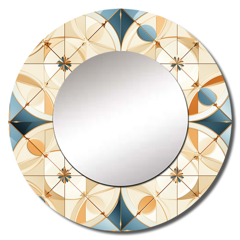 Antique Beige And Blue Marrocan Tiles - Geometric  Decorative Wall Mirror, Teal Large Round Mirror, Printed Metal Art