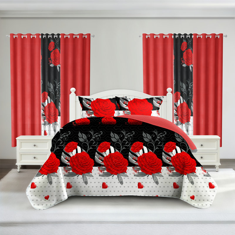 Queen Size Comforter Set 9 Pieces, All Season Luxury Bed in a Bag for Bedroom, With Matching Curtains, Soft Microfiber, Red Peony