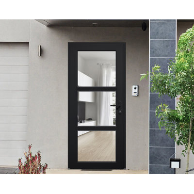 Front Exterior Prehung uPVC Metal-Plastic Door Clear Glass See-through Manux 8555 Matte Black Clear Glass Office Commercial and Residential Doors Entrance Patio Garage-W36 x H80-Right-hand Inswing