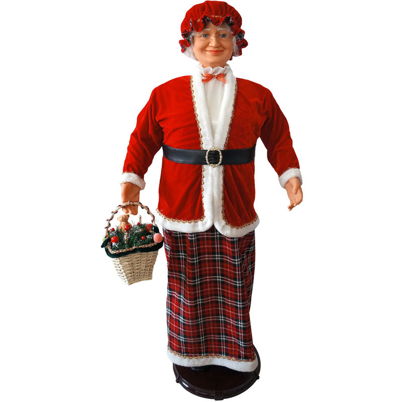 Life-Size Red and Plaid Plastic Mrs. Claus Statue