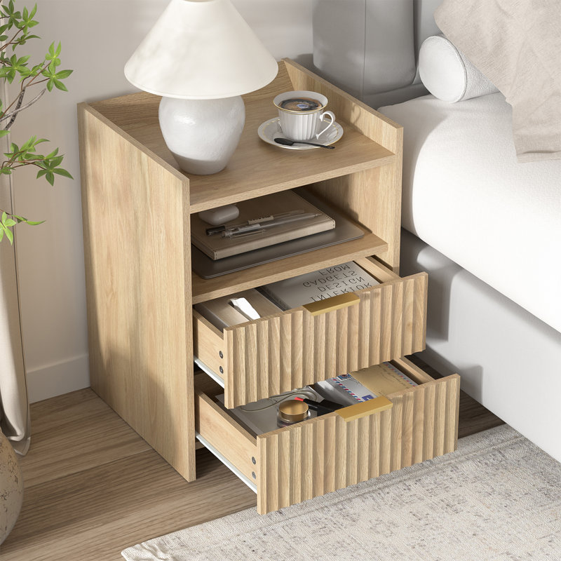 Table de chevet moderne en bois cannelé avec 2 tiroirs et tablette ouverte pour la chambre à coucher