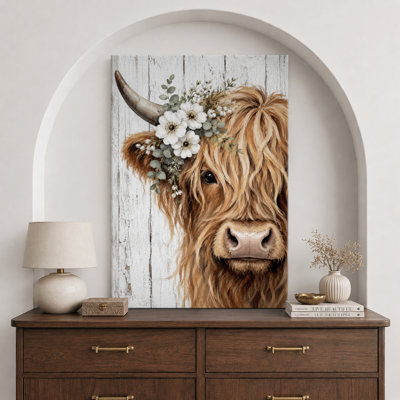 Highland Cow Floral Portrait Artwork, Living Room Pictures, Framed Canvas Giclee Print Wall Art