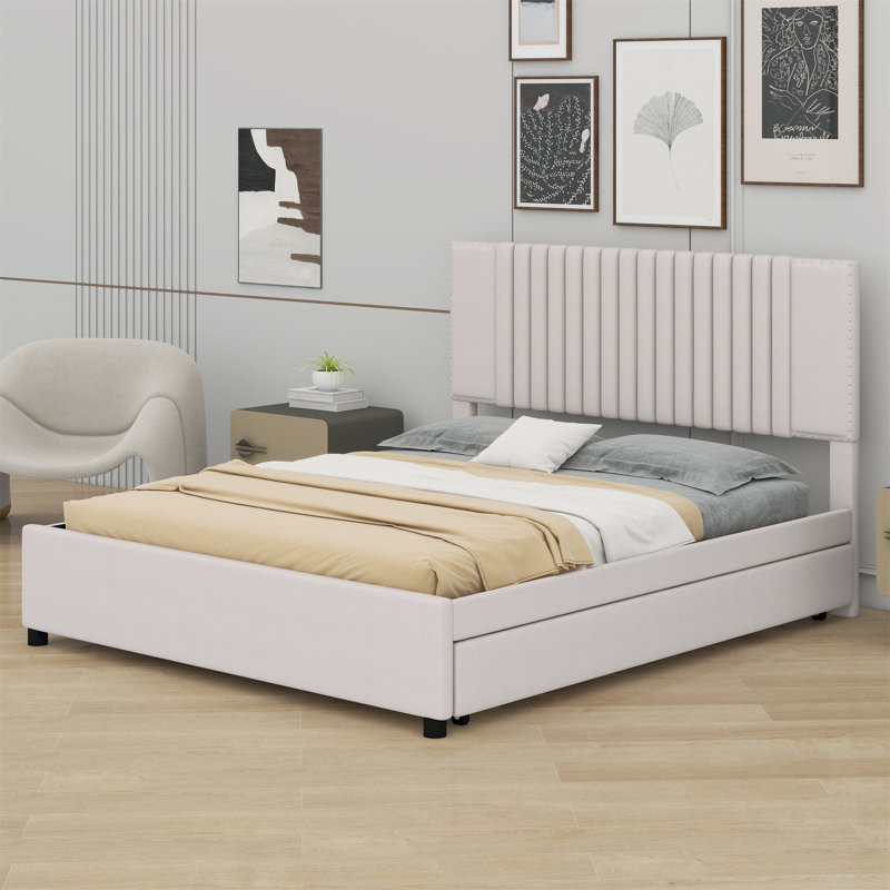 Lit plateforme tapissier avec tiroirs et lit gigogne, Beige, Grand