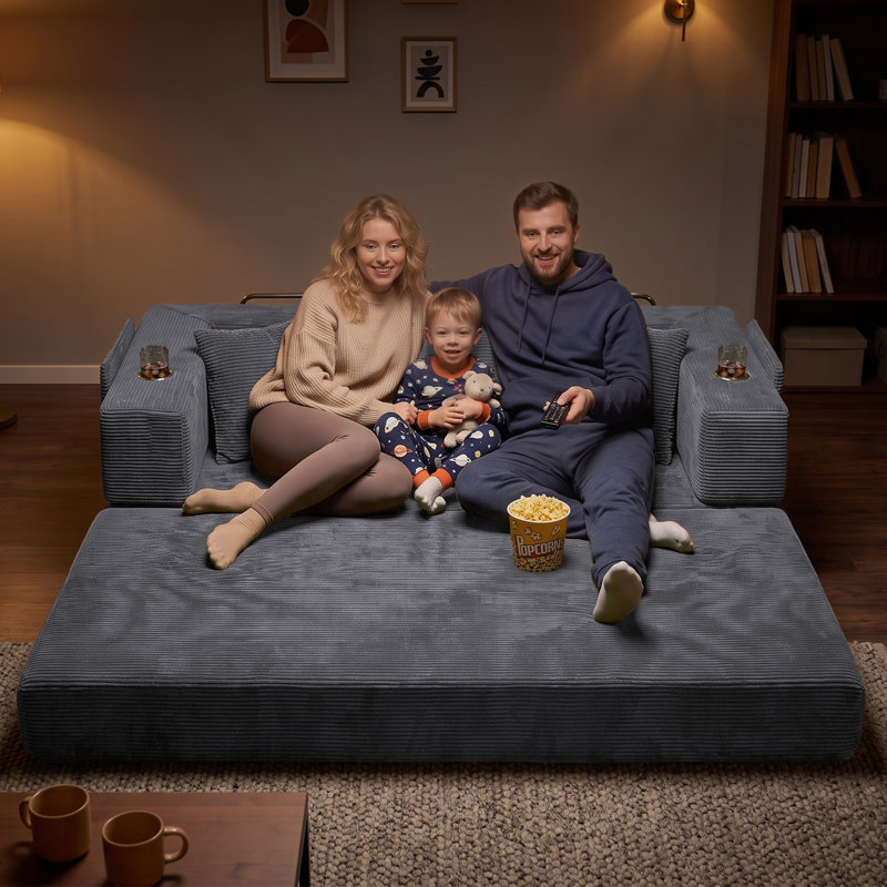 Canapé-lit futon convertible de 200 cm avec poche de rangement et porte-gobelets, canapé-lit modulable en velours côtelé, canapé-lit gigogne pour salon, aucun assemblage requis