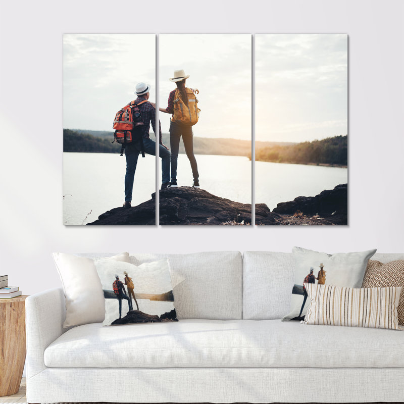 Montagne randonnée au sommet d'une colline au coucher du soleil - Ensemble de décoration murale de randonnée