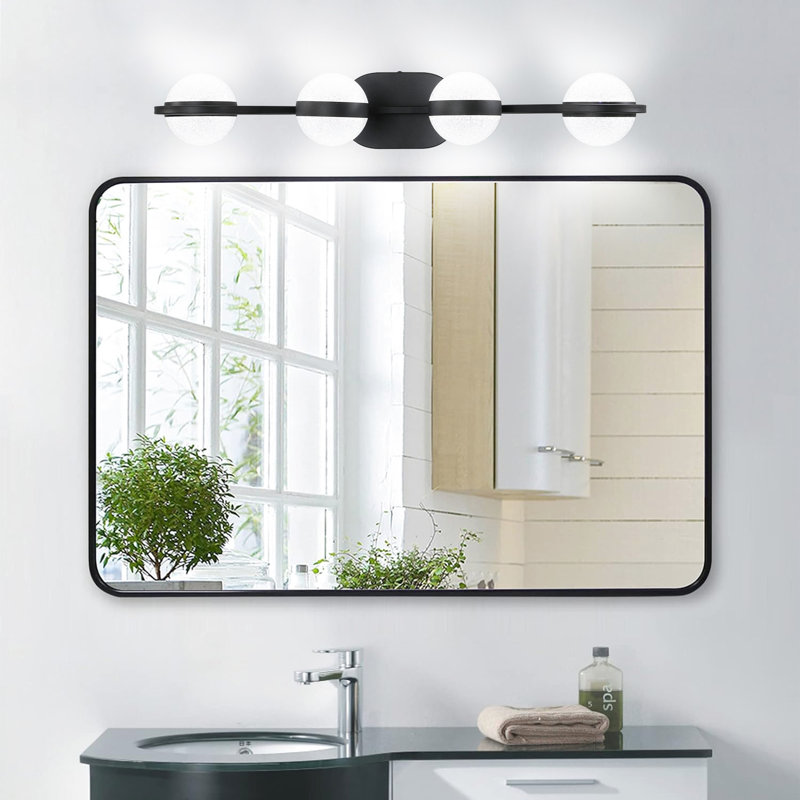 Black Bathroom Vanity Fixture - 4 Bulb Led With Frosted Glass Shades, Wall Mounted Shades For Mirror, 4