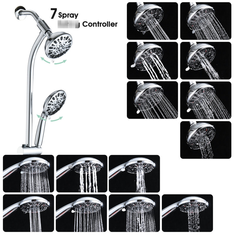 Finish Dual Shower - Stainless Steel Slide Bar, 7 Function Rain, Wall Mounted, 1.8 Gpm Flow Rate 7-setting Head , 59" Hose, Abs