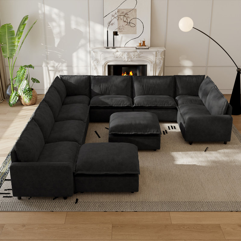 10-Piece Upholstered Modular Linen Fabric Sectional Sofa With Ottoman, Gray Linen