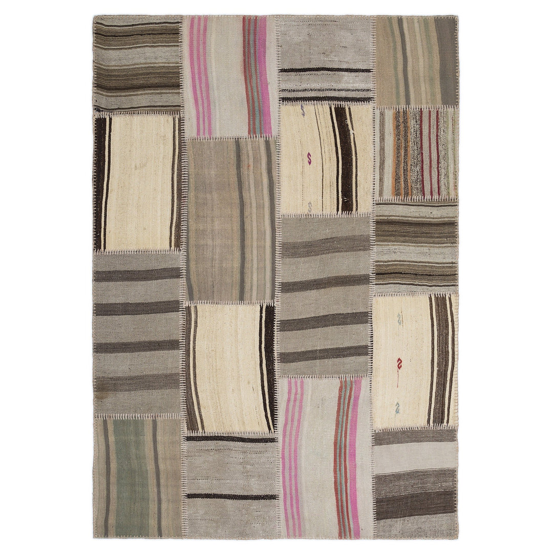 Teselya Beige Striped Wool Handmade Area Rug