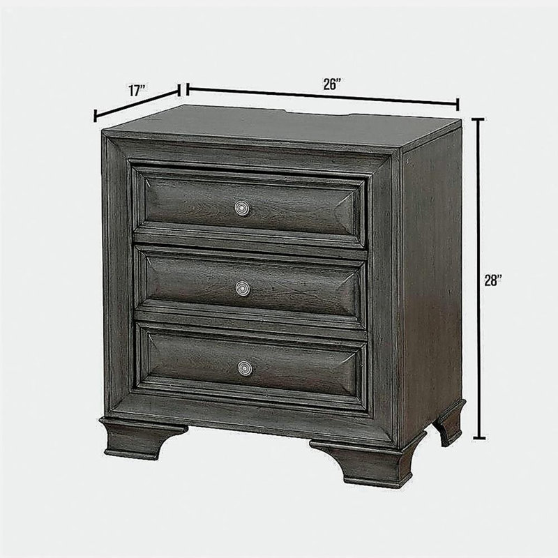 Table de chevet 3 tiroirs en bois massif gris avec poignée ronde en nickel et table de chevet avec base, Gris