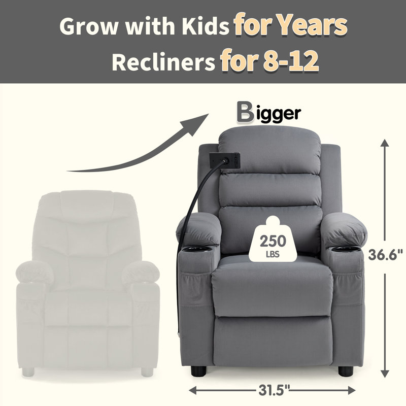 Fauteuil inclinable pour enfants avec support pour tablette, poches latérales et porte-gobelets, tissu, Gris foncé