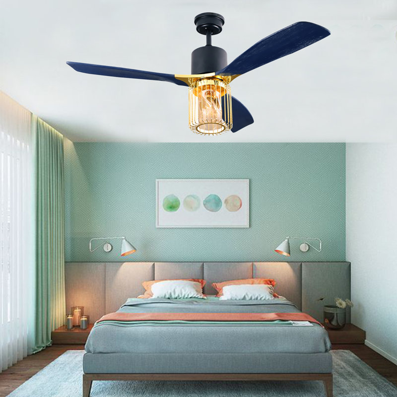 Ventilateur de plafond standard à 3 pales en bois massif 52 po avec télécommande et ensemble d'éclairage inclus, Bleu foncé