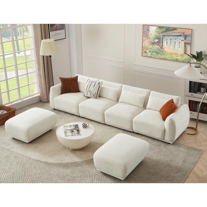 Upholstered U-Shaped Sectional Reversible, White Wool