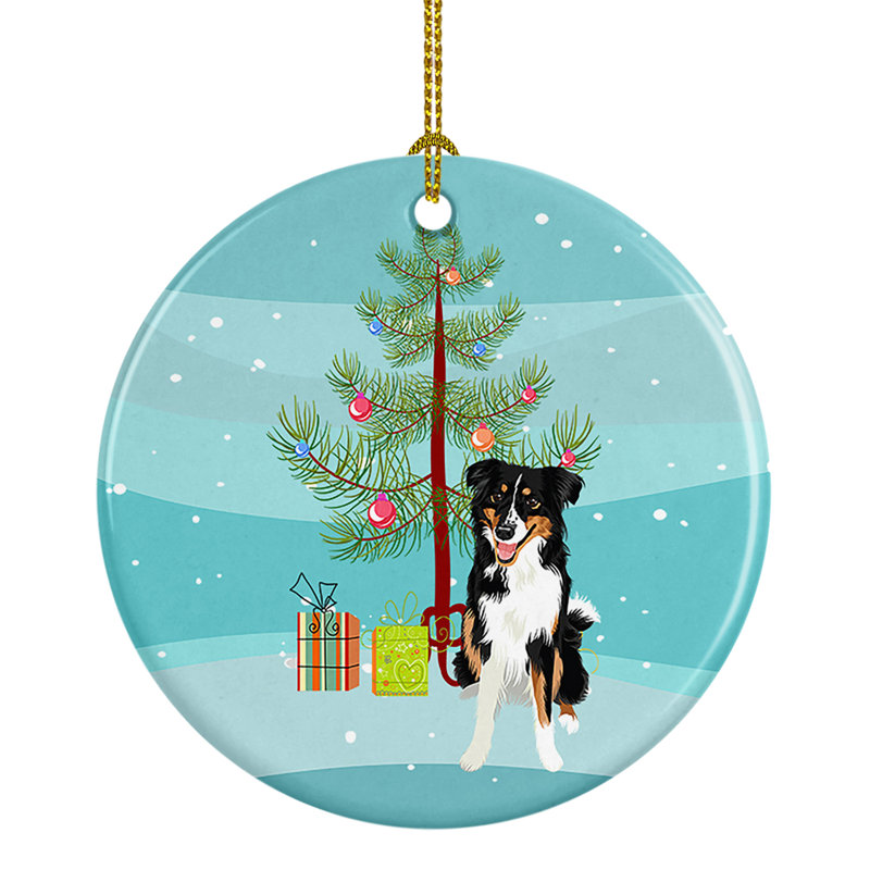 Ornement de Noël en céramique tricolore n ° 3 avec berger australien, Berger australien noir tricolore # 3
