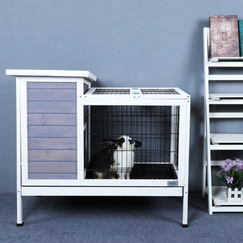 Cage à lapin en bois à deux niveaux pour l'intérieur pour petits animaux avec piste et plateau en plastique résistant aux fuites