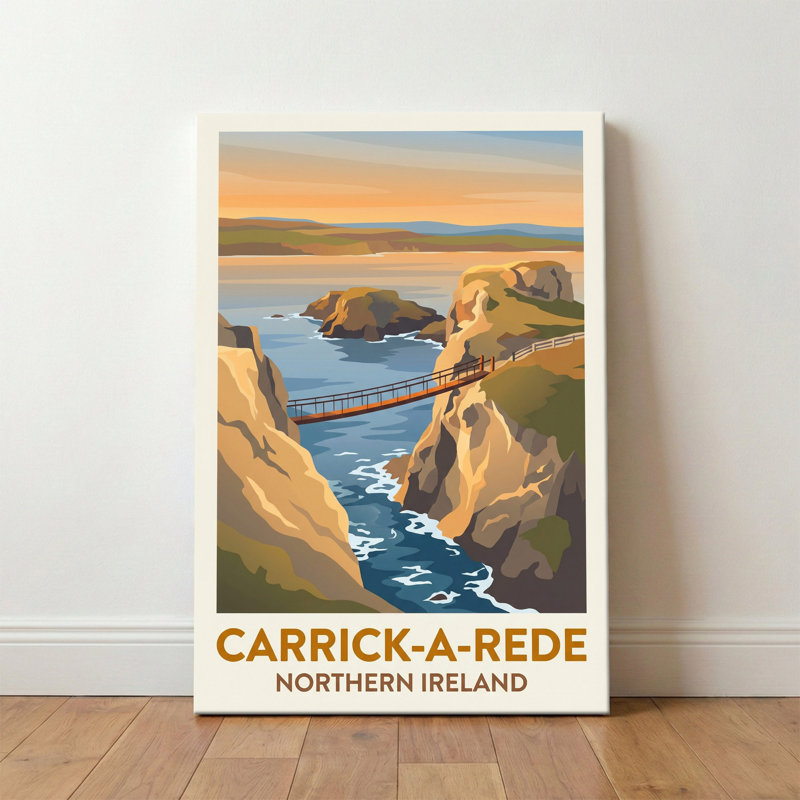 Carrick-a-Rede, Northern Ireland - Romantic Rope-Bridge Travel Poster Of The Antrim Coast. Giclee Print On Wrapped Canvas. Wall Art, Home Decor - Coastal & Maritime, Northern Ireland - Wrapped Canvas Print