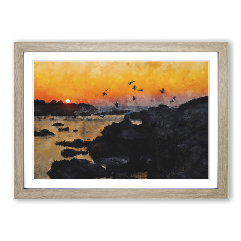 Sunset at the Beach in Spain - Picture Frame Painting, 27cm H x 36cm W x 2cm D, Oak Framed