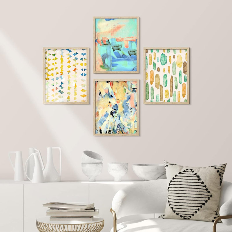 Ensemble de 4 reproductions murales abstraites géométriques encadrées sur papier de style Mid-Century pastel, Naturel