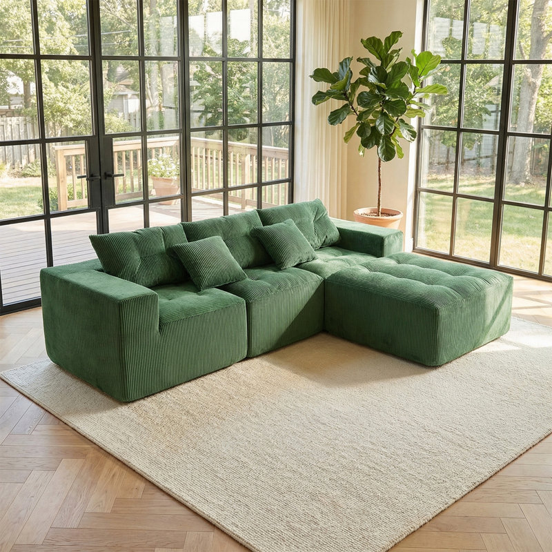 3-Seater L-Shaped Modular Sofa With Movable Footrest, Green Corduroy