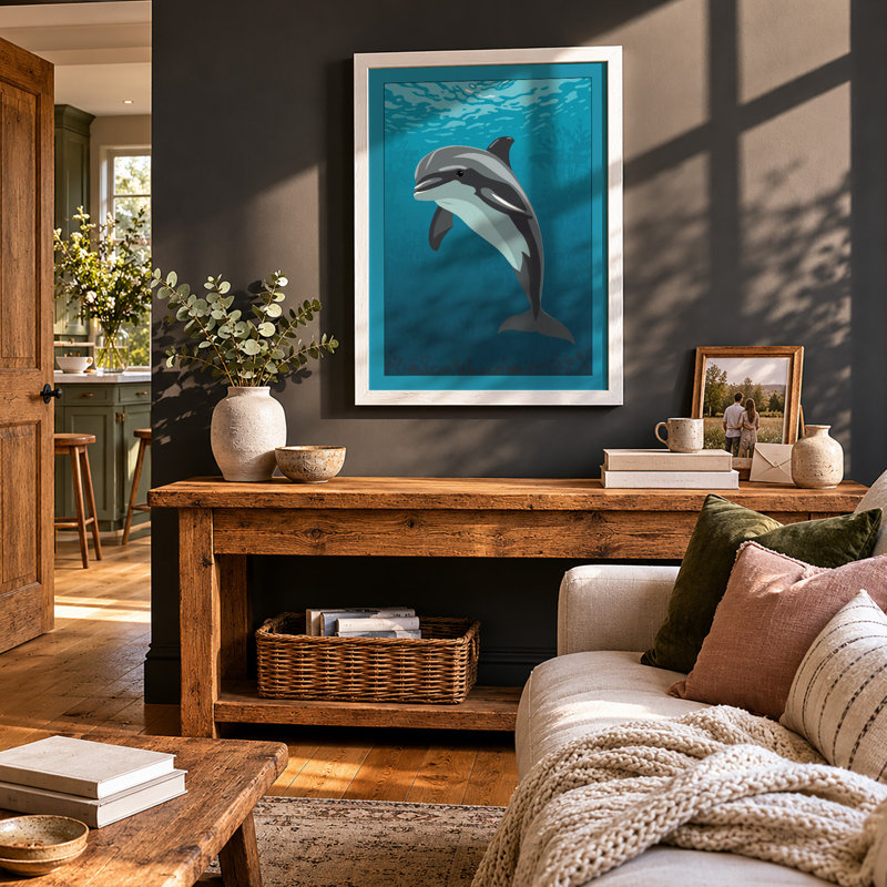 Dolphin in Open Water Coastal - Framed Print, A3 - 42.0 x 29.7 cm, White