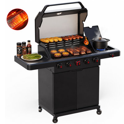 Flintex 5 Burner Propane Gas Grill with 12,000 BTU Side Burner, 60,000 BTU Outdoor BBQ Grill with Infrared Searing Burner, Cast Iron Grates & Griddle, 673 Sq. In. Cooking Area, Wheels for Backyard