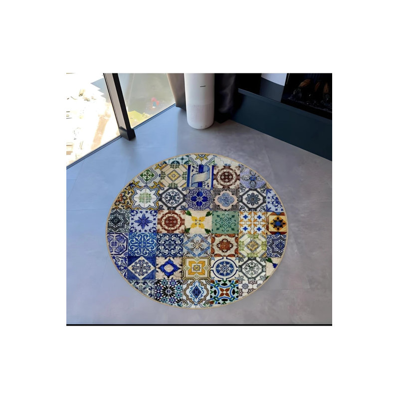 Patchwork Tile Patterned Woven Base Modern Decorative Carpet, Round 5'