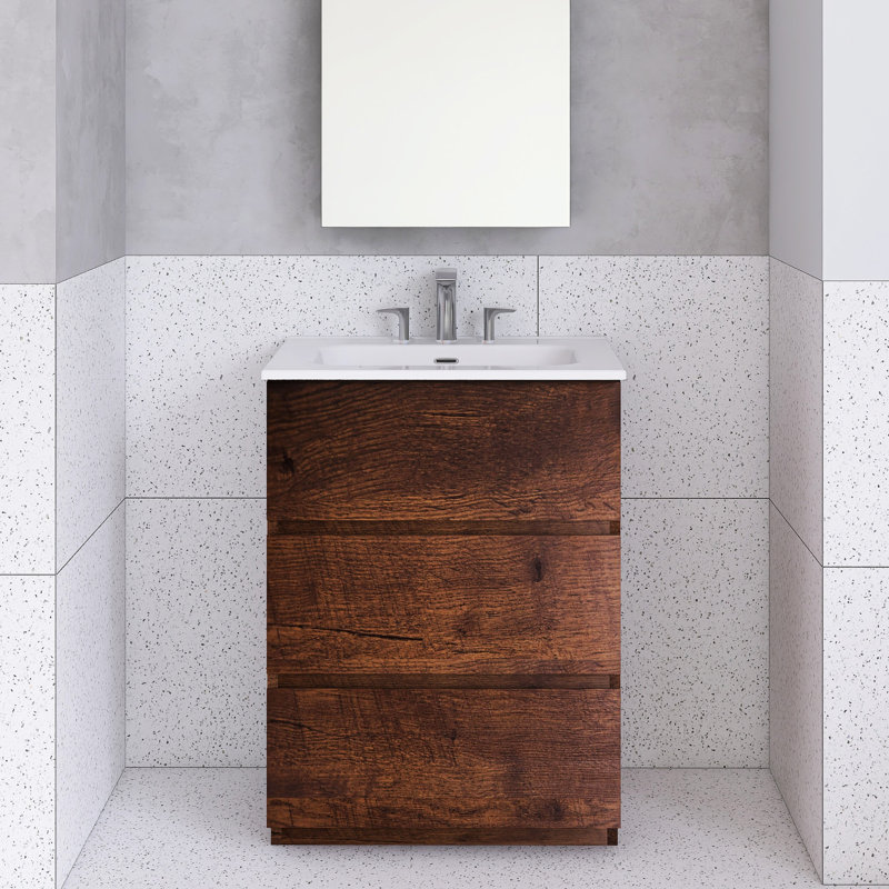 Meuble-lavabo autoportant avec lavabo et 3 trous de robinet, Brun, 24"