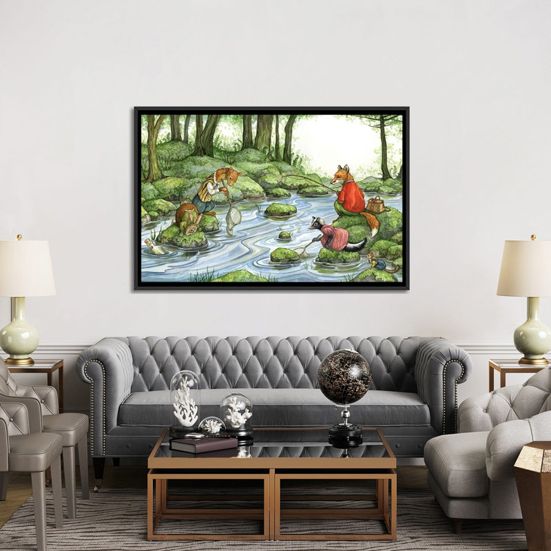 Pêche avec le renard et ses amis, Toile avec cadre flottant noir, Pas de tapis, H 40 po x l 60 po x P 1,5 po