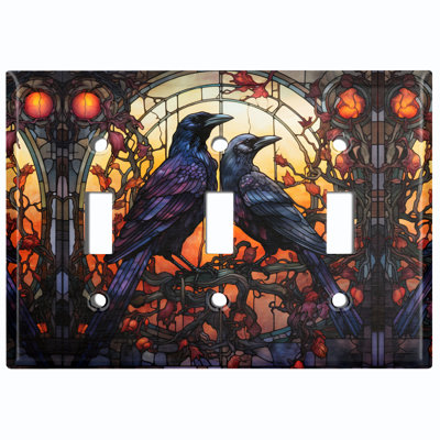 Couvercle de prise de courant en métal (oiseaux d'Halloween Spooky Raven - triple basculement)