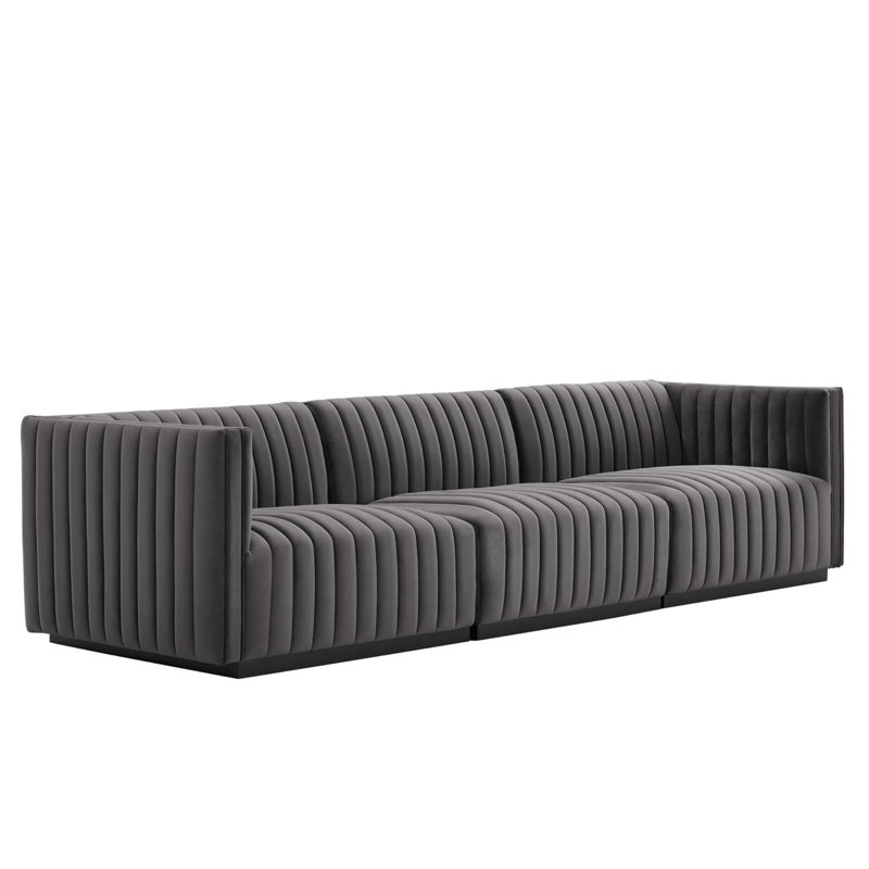 Conjure Channel Tufted Sofa by Modway, 28" H x 119" W x 41.5" D, Gray Velvet, Black