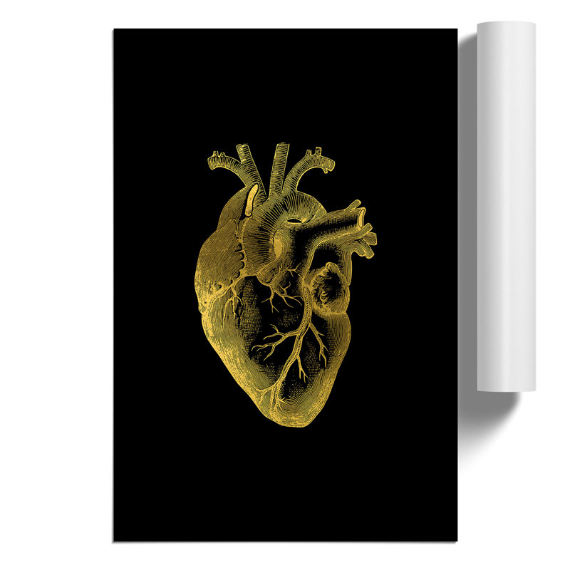 Black Gold Anatomical Heart - Frameless Print, 84cm H x 59cm W x 0.1cm D