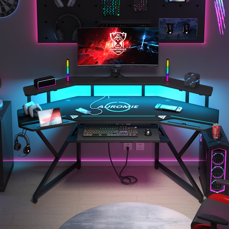 Berlanga Gaming Desk with Power Outlet & Led Strip, Large Wing-Shaped Computer Desk with Monitor Stand