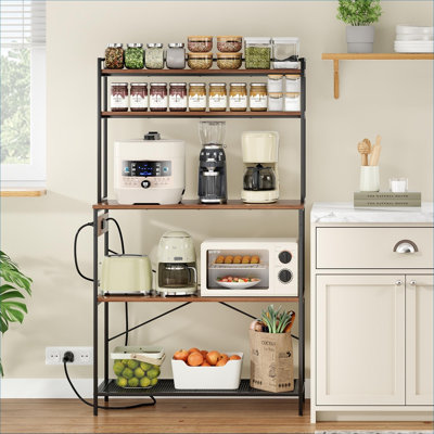 Kitchen Storage 5-Tier Bakers Rack, Warm Brown Engineered Wood with Built-In Electrical Outlets, Microwave Stand and Coffee Bar Organizer for Home Use