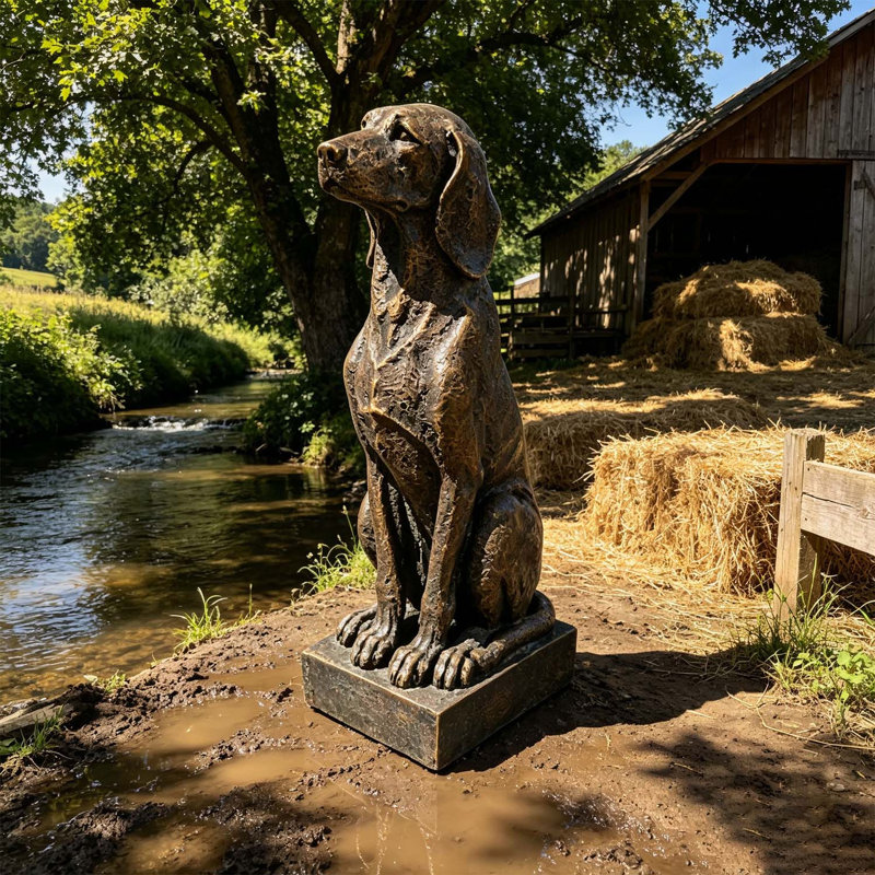 Statue de chien de chasse assis en bronze rétro, sculpture de chien en résine 29 po pour décor de maison de campagne et de style occidental