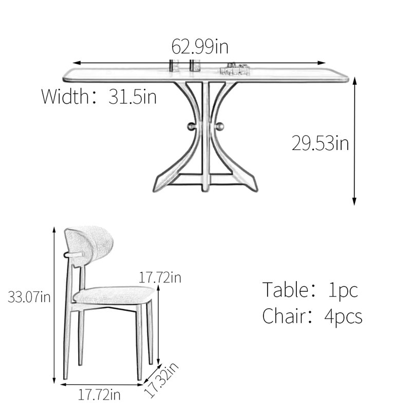 Unique sintered stone dining table set, 29.53" H x 62.99" L x 31.5" W