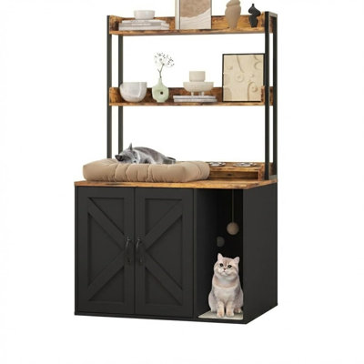 Armoire à litière cachée 55 "avec tablettes de rangement et prises de courant - Grande maison de chat en bois pour le salon, le couloir