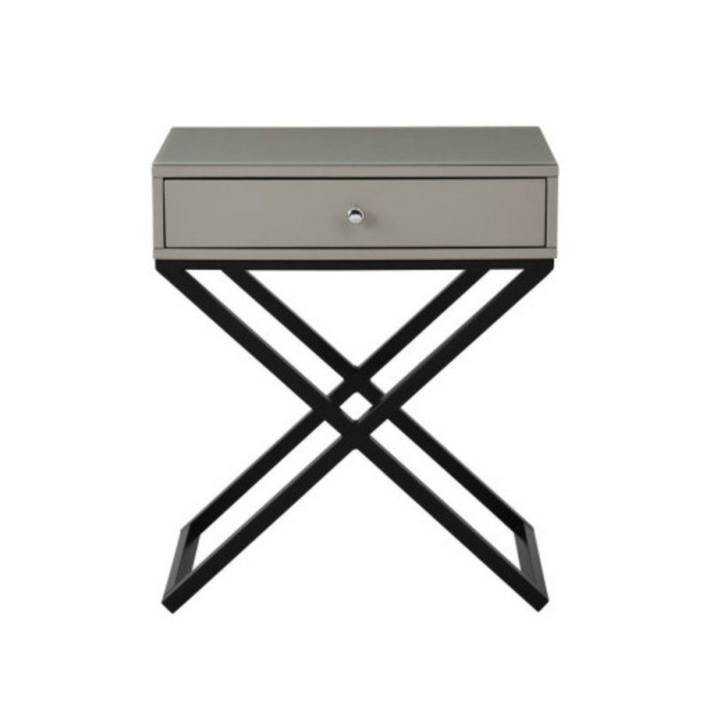 Table de chevet d'extrémité avec plateau en verre, tiroir et base en croix, Taupe
