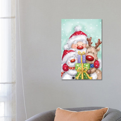 Santa, Reindeer And Snowman by MAKIKO - Wrapped Canvas Print