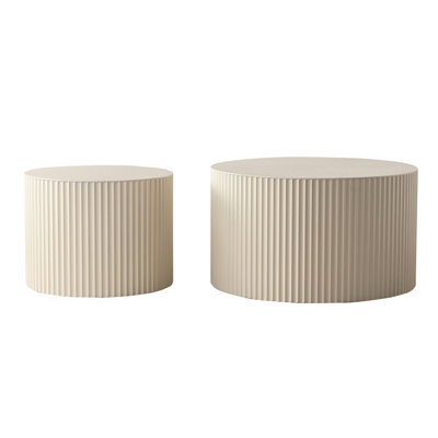 Beige Nesting Coffee Table - Office End Wave Stripe Round Multipurpose & Work- Modern Tables 2 Drum Side For Living Room Space Saving Chic
