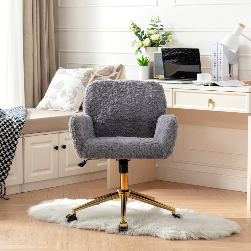 Gray Office Chair, Artificial Rabbit Hair Home Office Chair, With Golden Metal Base, Adjustable Desk Chair Swivel Office Chair, Vanity Chair
