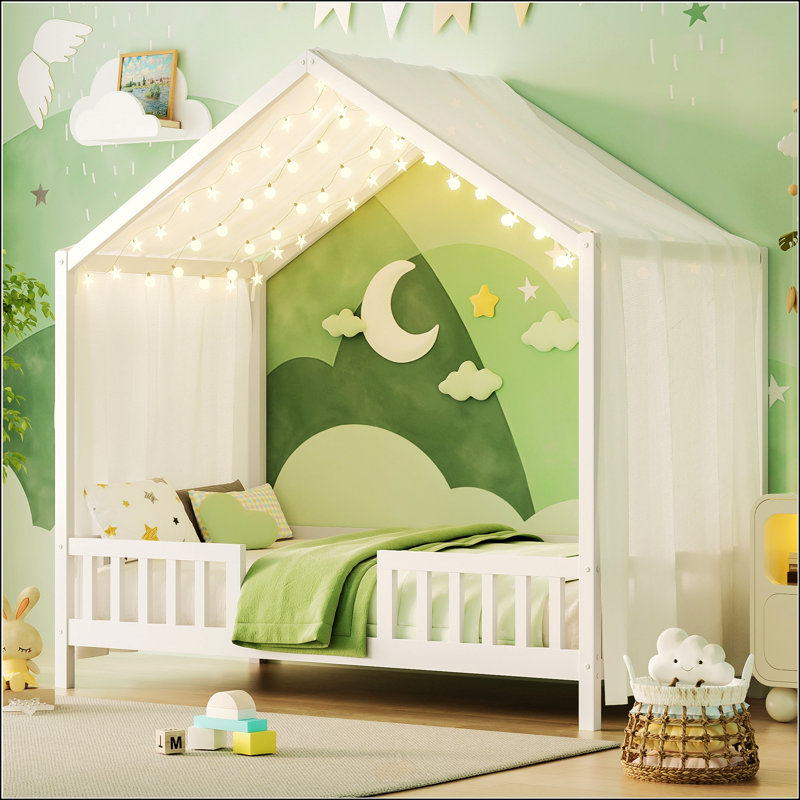 Lit de sol avec auvent Montessori, Lit simple, Blanc