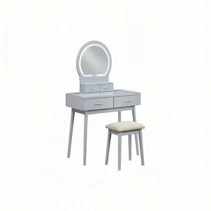 Beautiful Gray Finish Vanity Dresser with Mirror and Stool Set Storage Drawers Luxury Furniture 1pc LED Mirror, Gray