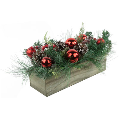 24" Mixed Pine and Red Ornaments Artificial Christmas Arrangement in Wood Planter