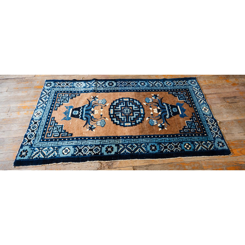 1920s Antique Traditional Brown Medallion Vase Knotted Wool Chinese Art Deco Rug