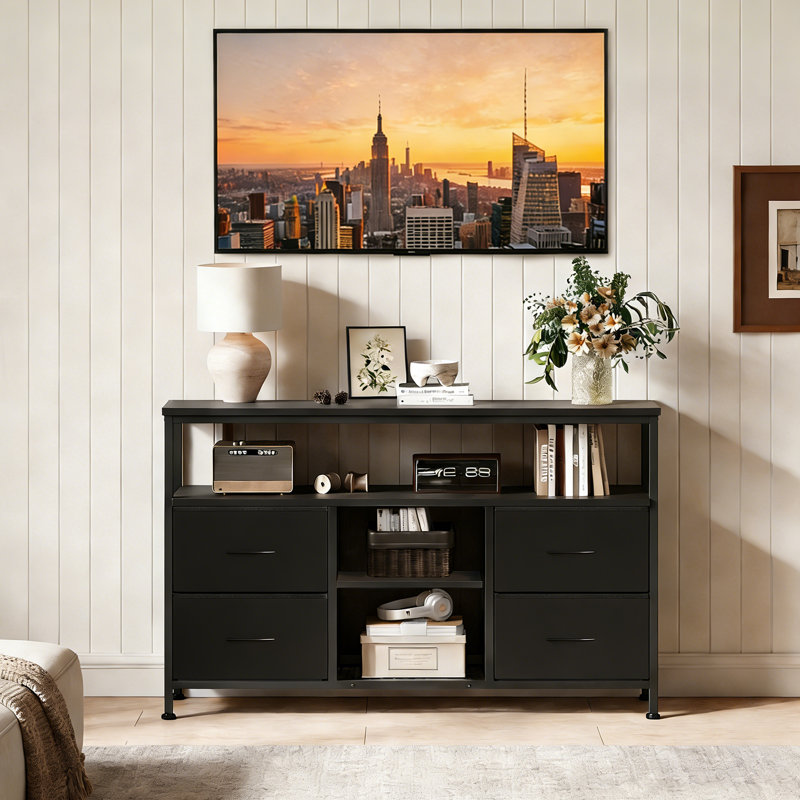 Meuble télé pour téléviseur de 48 po ou moins avec lumières DEL, station de charge et rangement spacieux, Black
