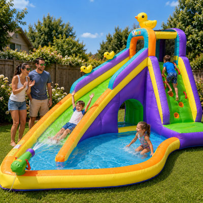 Pogo Bounce House Backyard Kids Inflatable Water Slide Park For Ages 3-10, Ducks