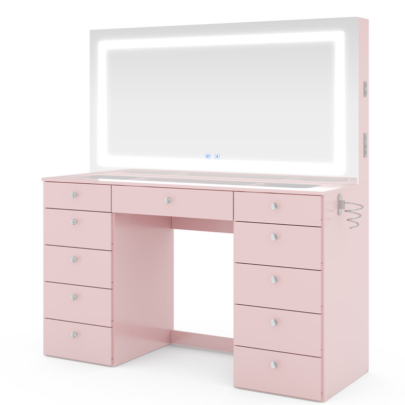 Lydia Extra-Large Makeup Vanity With Bluetooth Speakers And LED Mirror, Pink