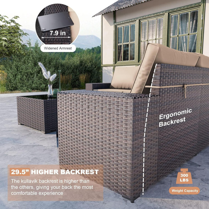 5-Person All-Weather Outdoor HDPE Rattan Sectional Sofa Set with Cushions and Wide Armrests, Sand