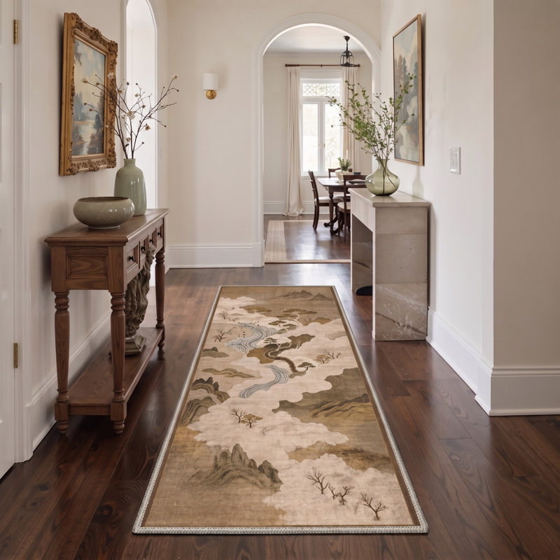 Chemin de table beige/ivoire à motif animalier, lavable à la machine et doté d'un envers antidérapant