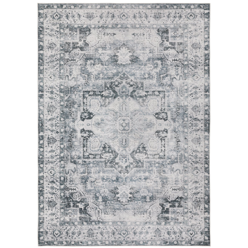 Soloman Oriental Machine Washable Non-Skid Blue/Ivory Area Rug Mat, Rectangle 7'6" x 10'